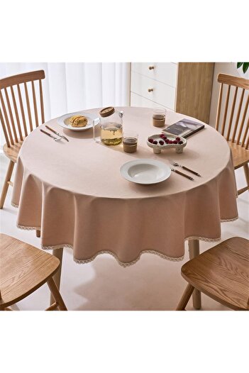 Zeren Home Liquid Resistant Laceless Round Tablecloth with Lace Detail