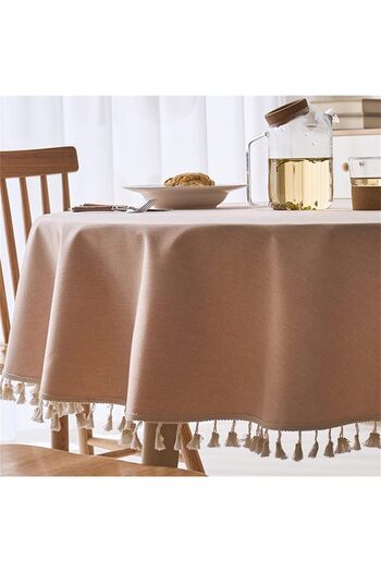Zeren Home Round Tablecloth - Tassel Detailed, Liquid Proof, Cappuccino