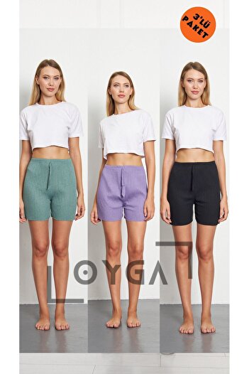 Oyga Water Green Purple Black - 3-Piece Women's Ribbed Clothing Shorts Pajama Bottoms