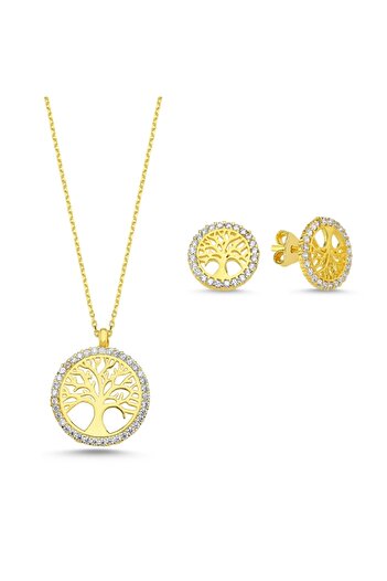 Inure Jewelry 925 Ayar Gümüş Hayat Ağacı Zirkon Taşlı Altın Kaplama Kuyumcu Model (KOLYE&KÜPE) 2'li Set