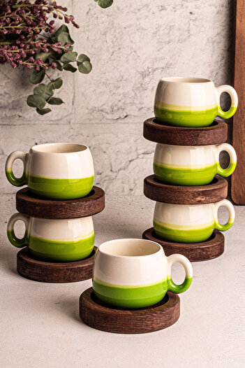 Snippy Rio - Turkish Coffee Espresso Cup Set with Handmade Ceramic Wooden Plate 12 Pieces for 6 People