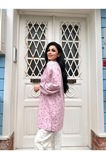 KÜÇÜĞÜM BUTİK Poplin Baby Collar Tunic - Pink-Burgundy Floral