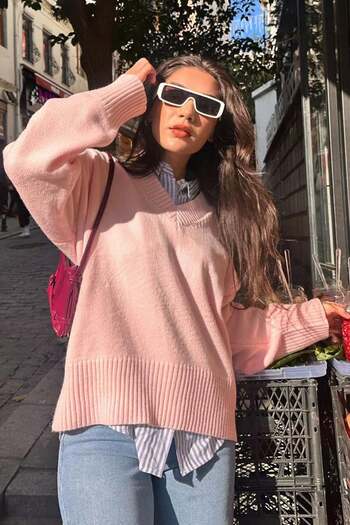 Madmext Pembe V Yaka Oversize Kadın Triko Kazak MG2149
