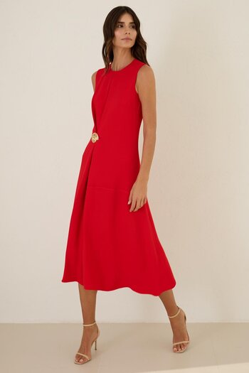 Setre Red Crew Neck Sleeveless Waist Brooch Detail Dress