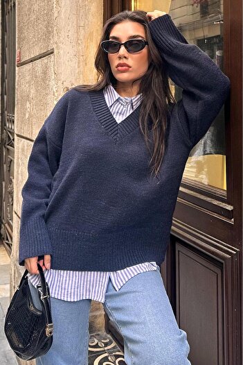 ELBA STİL Navy Blue V-Neck Oversize Women's Knitwear Sweater