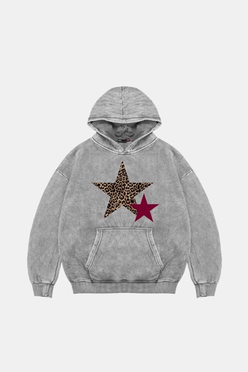 Sekizbiraltı Y2k Leopard Starz Printed Oversize Unisex Λευκό κουκούλα που πλένεται