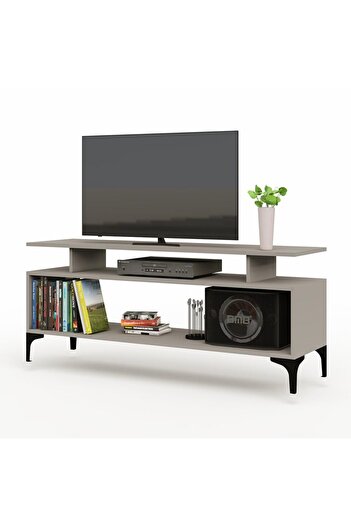 Mahmayi Modern TV Stand, Support Upto 50-Inch TV Media Console with 2 Storage Shelfs-Light Grey