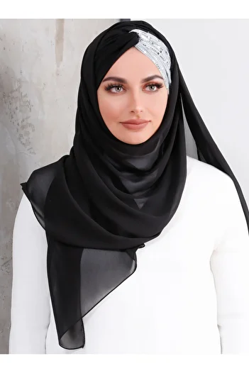 Differenza Glitter Sequin Knot Ready Hijab Shawl - Black Half Silver
