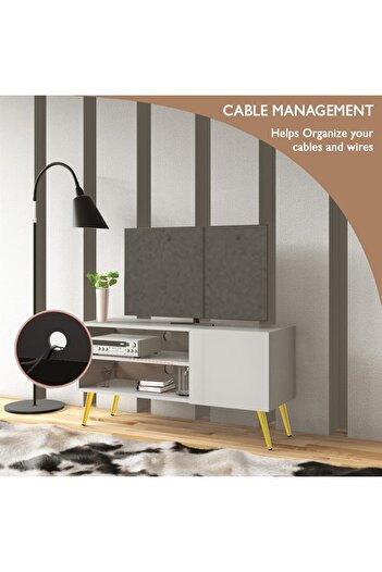 Mahmayi TV Stand, Upto 50-Inch TV Media Console with 2 Storage Cabinets 1 Storage Door-Light Grey