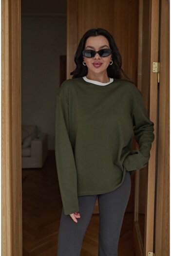 BRTC design Hanorac pentru femei, verde kaki, cu detalii colorate la gât