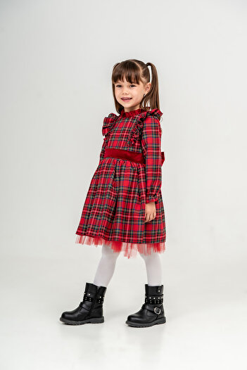 Eray Kids Kırmızı Ekose Desen Fiyonk Detaylı Kız Çocuk Elbise