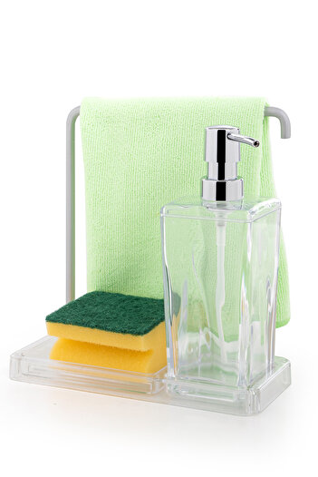 Prima Nova Luna Stainless Aluminum Kitchen Liquid Soap Dispenser with Cloth Hanger - Transparent -1