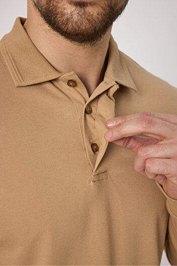 Frappoli Fonte Men's Beige 100% Cotton Pique Knitted Stretchy Fabric Slim Fit Long Sleeve Polo T-Shirt