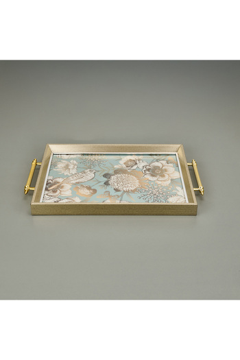 Evidea Kitchen Bird and Flower Patterned Tray - Green / Golden Yellow - 49 cm