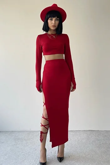barış sülün lovebox Red Stretchy Crop Blouse and Midi Skirt - Hand Snap and Slit Lace up Suit 299