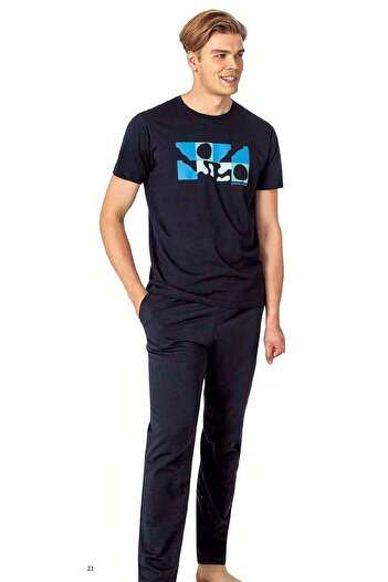 Pierre Cardin 6076 Men's Short Sleeve Crew Neck Pajamas Set-Navy