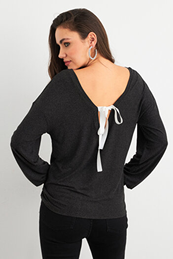 Cool & Sexy Women's Anthracite Back Bow Blouse Ey3022