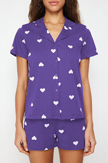Trendyol Collection Heart Lilac Shorts Pajama Set 100% Cotton - Thmss21Pt0756