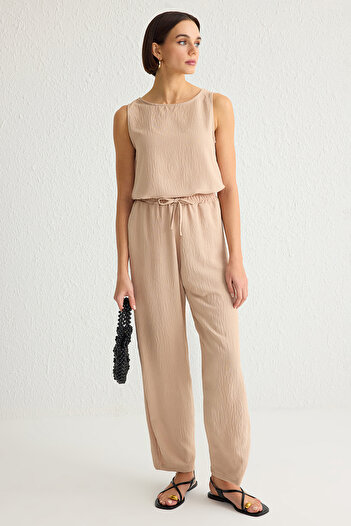 Trendyol Collection Beige Sleeveless Blouse and Wide Leg Pants Set - Elastic Waist Twoss25Au00029