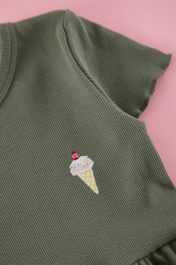 TRENDYOLKIDS Khaki Girls' Cotton Stretchy Mini Embroidery Knitted Dress Tkdss25El00008