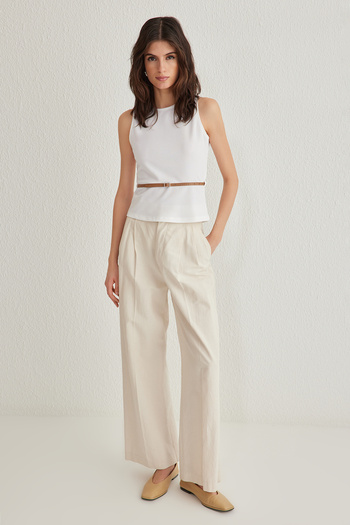 Trendyol Collection Ecru Belted Fitted/Body-Sitting Knitted Blouse Twoss25Bz00022