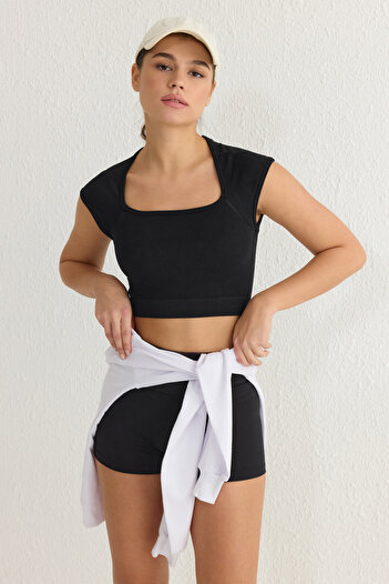 Trendyol Collection Square Neck Black Knitted Crop Sports Blouse - Seamless Thmss25Bz00000