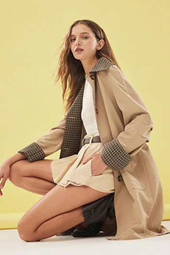 Trendyol Collection Beige Plaid Lined Midi Trench Coat - Twoaw25Tr00043