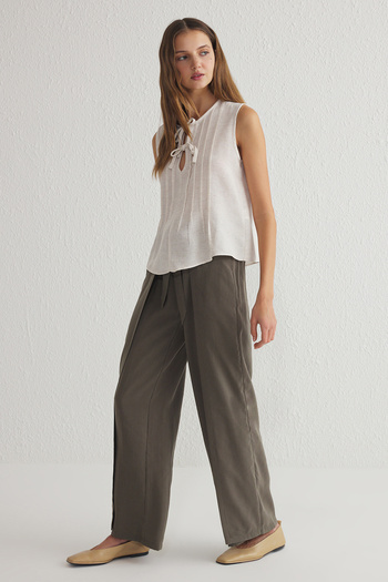 Trendyol Collection Modal Straight Cut Khaki Trousers - Belt Binding Detail Twoss25Pl00045