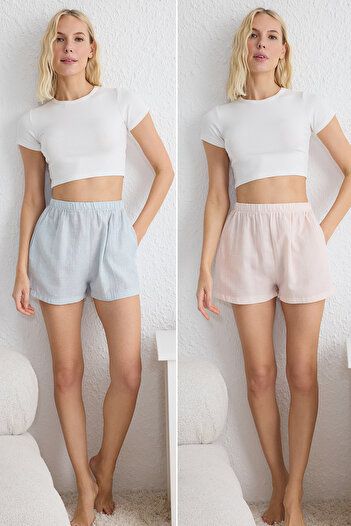 Trendyol Collection Rosa-blaue 2er-Pack Shorts aus Baumwolle mit Streifen und Leinen-Look, gewebte Pyjamahose THMSS24PJ00002