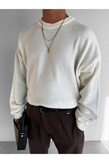 ablukaonline Men's Oversize Ecru Color Soft Textured Sweater