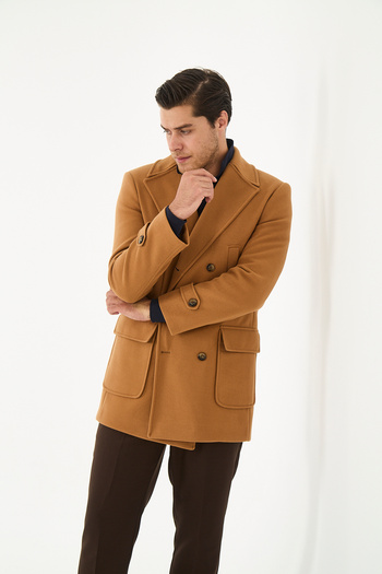 Frappoli Men's Stamp Double Breasted Coat - Thick Coat, Rib Collar, Standard Fit