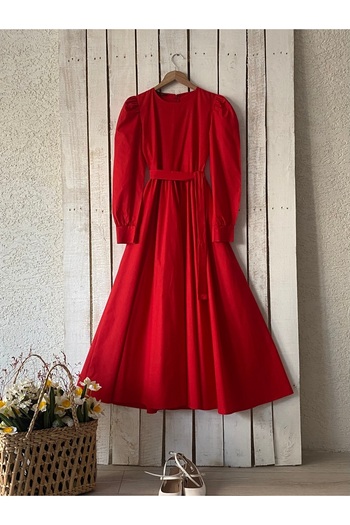 KÜÇÜĞÜM BUTİK Long Red Poplin Flared Dress