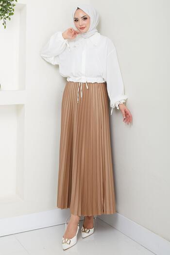 hafsamina Fusta cu pliuri strânse cu aspect de piele cu talie elastică Camel HM2655