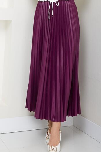 hafsamina Purple Leather Look Pleated Skirt with Elastic Waist Hm2655