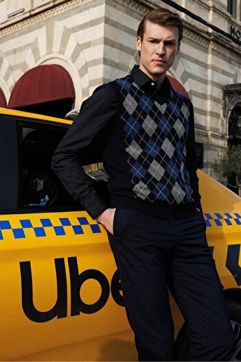 Desen Triko Men's V-Neck Diamond Patterned Woolen Sweater Dark Navy Blue