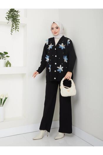 moda periy Women's Floral Cardigan Trousers Double Hijab Knitwear Suit Hijab Combination