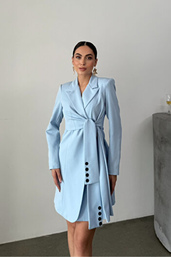 msm fashion Κομψό Μίνι Φόρεμα - Μακρυμάνικο, Ζώνη, Διπλό Γιακά, Πλισέ Μπουφάν