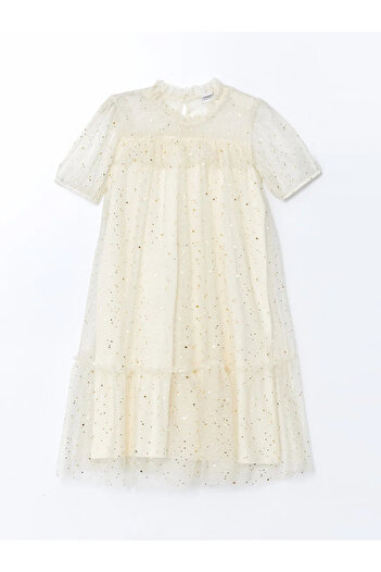 LC Waikiki Lcw Kids Ecru Crew Neck Sparkle Girl's Dress