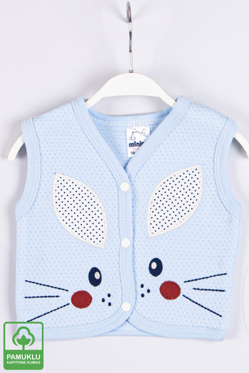Miniel Baby Boy Face Rabbit Embroidered Organic Cotton 1-3-6-9 Months Quilted Baby Vest - Blue