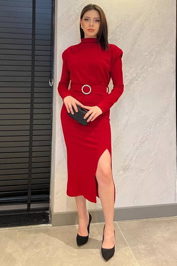 GÜLSELİ Red Women's Shoulder Padded Rhinestone Belt Slit Knitwear Dress