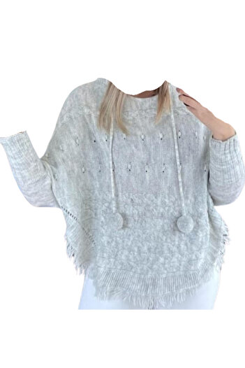 MODA Women's Hooded Pompom Detail Knitwear Poncho Jb 09114789
