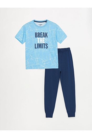 LC Waikiki Kids Blue Crew Neck Printed Short Sleeve Boys' Pajamas Setkids Blue Crew Neck Printed