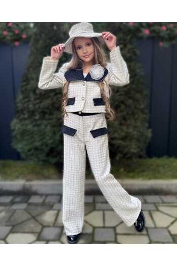 By Feyza Kids Collection By Feyza Girl's Plaid Jacket,Pants Set-Hat and Rose Brooch Included-Winter Classic Combination-5-12 Years