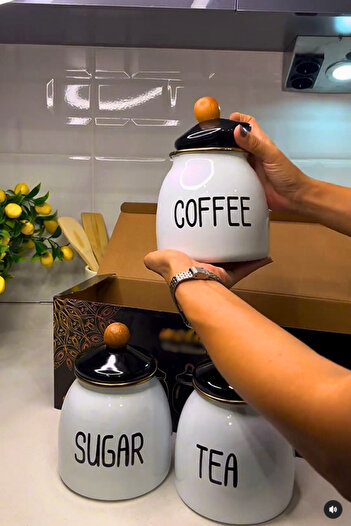 Woodcept 3-Piece Luxury Enamel Coffee Tea Sugar Jar Set, Countertop Enamel 3-Piece Jar Set 1000 ml