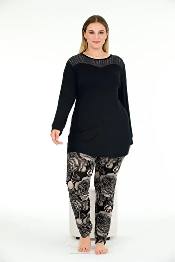 tarzımsüper Women's Plus Size Letter Printed Long Sleeve Button Detailed Cream Floral Pajamas Set