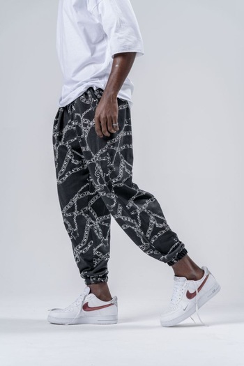 Superbluemexico Men's Patterned Elastic Black Baggy Trousers