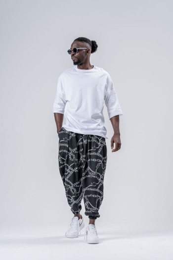 Superbluemexico Men's Patterned Elastic Black Baggy Trousers