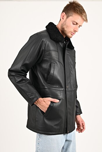 ALİN Tarkan Men's Black Winter Genuine Leather Coat with Fur Collar Size Measurements Visually