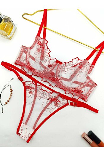 La Linaa Summer Red Women's Tulle Thong Pantyhose Bra Set
