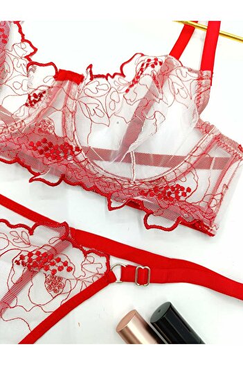 La Linaa Summer Red Women's Tulle Thong Pantyhose Bra Set